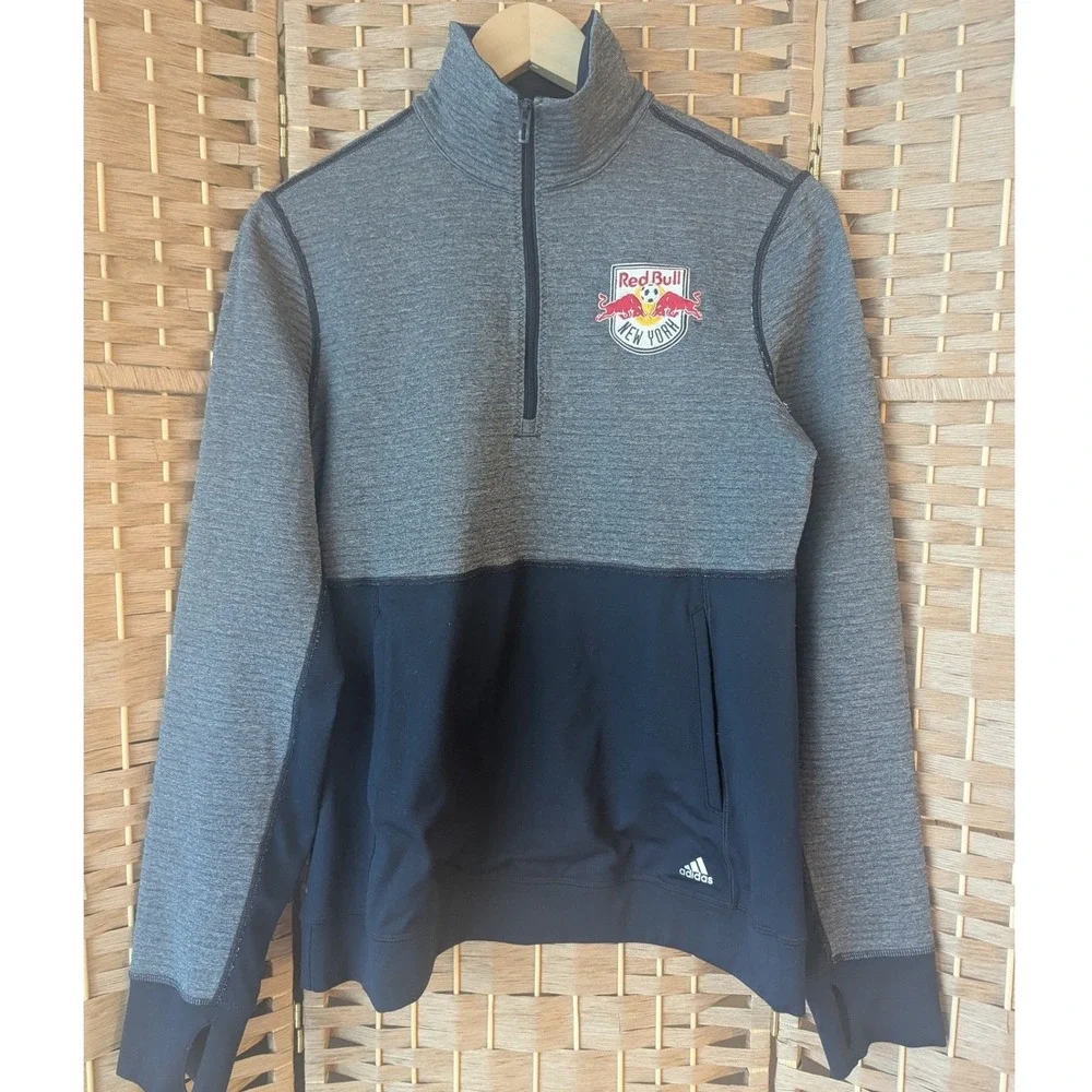 Adidas New York Red Bulls MLS Quarter Zip Pullover‎ Grey Navy Blue Soccer Mens M